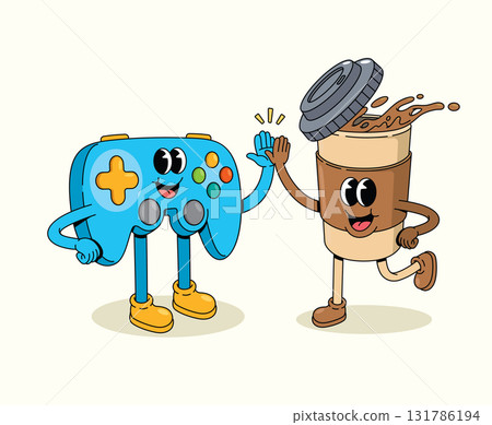 coffee cup and game controller groovy cartoon illustration 131786194