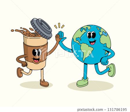 coffee cup and globe groovy cartoon illustration coffee cup and globe groovy cartoon illustration 131786195