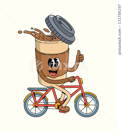 coffee cup bicycle groovy cartoon illustration 131786197