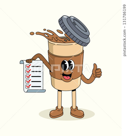 coffee cup checklist groovy cartoon illustration 131786199