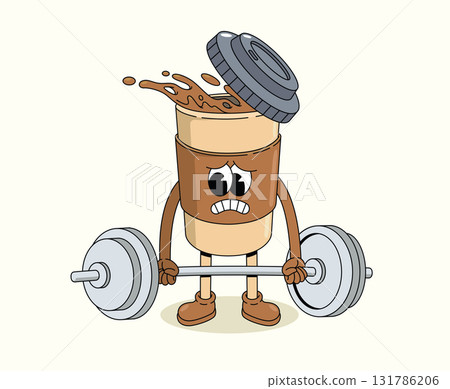 coffee cup hard weightlifting groovy cartoon illustration 131786206