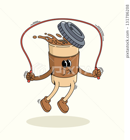 coffee cup jump rope groovy cartoon illustration coffee cup jump rope groovy cartoon illustration 131786208