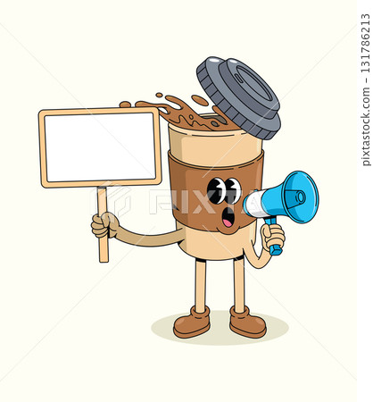 coffee cup megaphone groovy cartoon illustration coffee cup megaphone groovy cartoon illustration 131786213