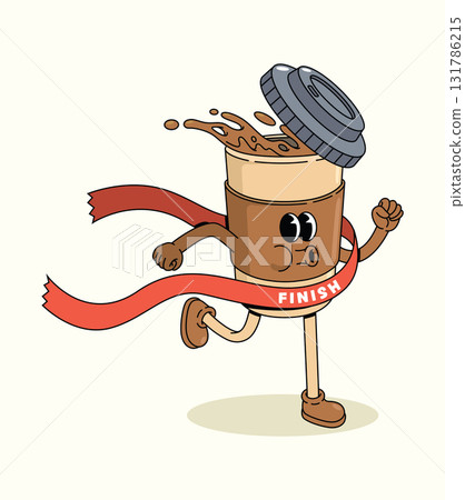 coffee cup run finish line groovy cartoon illustration 131786215