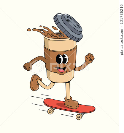 coffee cup skateboard groovy cartoon illustration 131786216