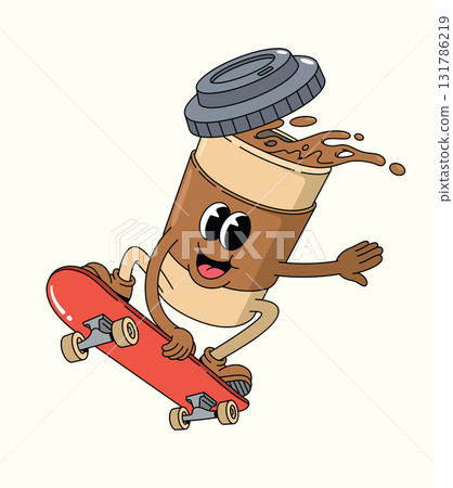 coffee cup style skateboard groovy cartoon illustration 131786219