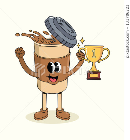 coffee cup trophy groovy cartoon illustration 131786223