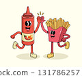 french fries and chili sauce groovy cartoon illustration 131786257