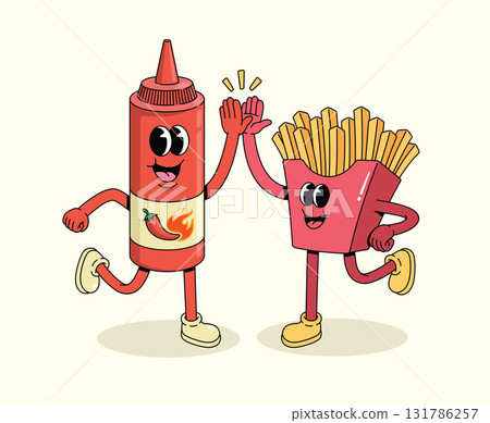 french fries and chili sauce groovy cartoon illustration 131786257