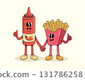 french fries and chili sauce hand in hand groovy cartoon illustration 131786258