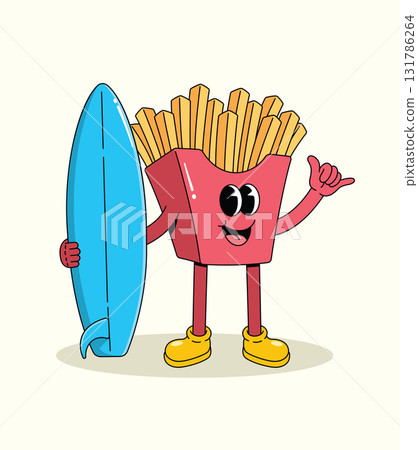 french fries surf shaka hand groovy cartoon illustration 131786264