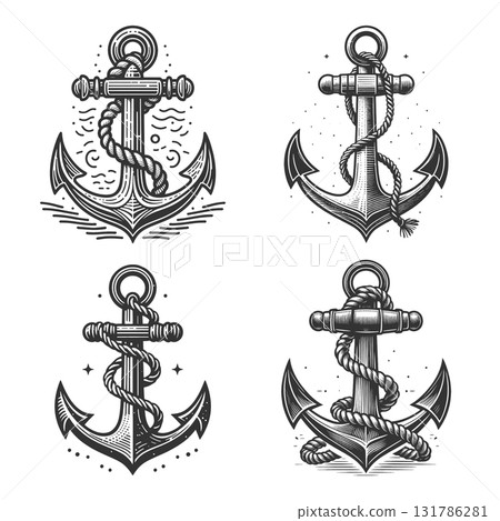 Nautical Anchors with Rope engraving set raster Nautical Anchors with Rope engraving set raster 131786281
