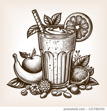 fruit smoothie glass engraving vector illustration 131786350