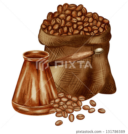Hand-painted Watercolor illustration coffee set with cezve, cup and beans. Illustrations for coffee shops, cafes, packaging, menus, and product design. Hand-painted Watercolor illustration coffee set with cezve, cup and beans. Illustrations for coffee shops, cafes, packaging, menus, and product design. 131786389