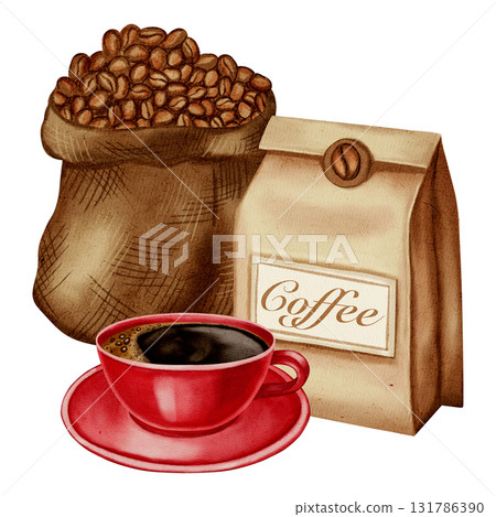 Watercolor illustration of a jute bag with roasted coffee beans and a cup of black coffee. Illustrations for coffee shops, cafes, packaging, menus, and product design. Watercolor illustration of a jute bag with roasted coffee beans and a cup of black coffee. Illustrations for coffee shops, cafes, packaging, menus, and product design. 131786390