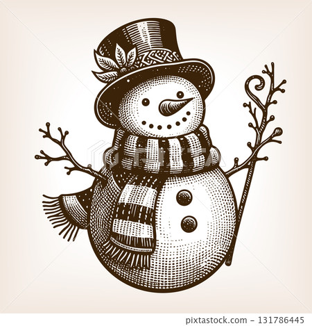 snowman with hat and scarf engraving vector snowman with hat and scarf engraving vector 131786445