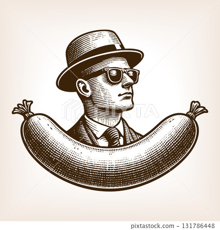 Surreal man in hat with giant sausage vector Surreal man in hat with giant sausage vector 131786448