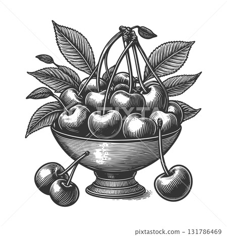 cherries in bowl engraving vector illustration cherries in bowl engraving vector illustration 131786469