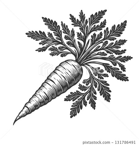 carrot with leaves engraving vector illustration 131786491
