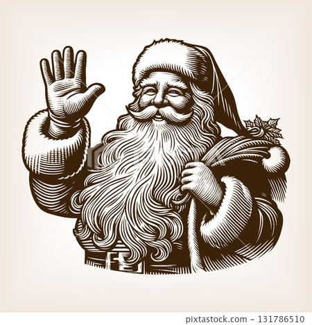 Santa Claus waving engraving vector illustration Santa Claus waving engraving vector illustration 131786510