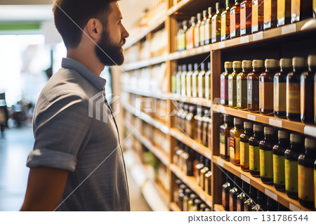 young adult Caucasian man choosing a product in a grocery store. Neural network generated photorealistic image 131786544