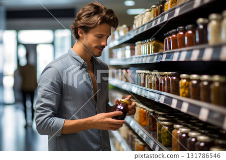 young adult Caucasian man choosing a product in a grocery store. Neural network generated photorealistic image 131786546