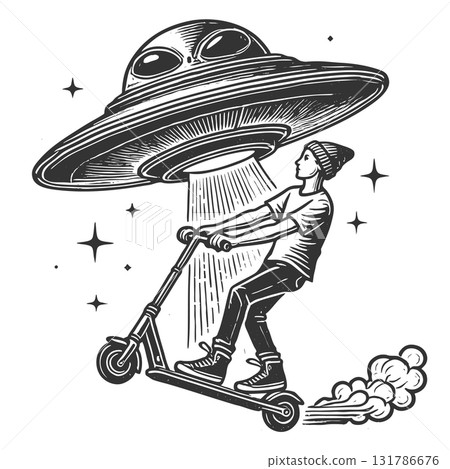 UFO Beaming Up Scooter Rider in Surreal Engraving 131786676