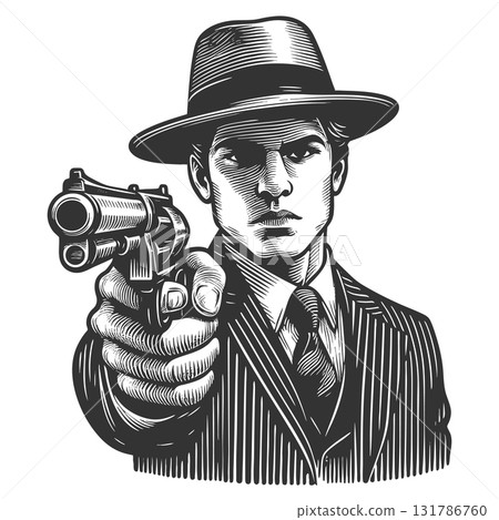 Gangster Aiming Gun engraving vector illustration 131786760