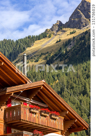 Wengen, Switzerland house view and mountains 131786819