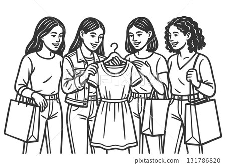 Group of women shopping and choosing dress vector 131786820