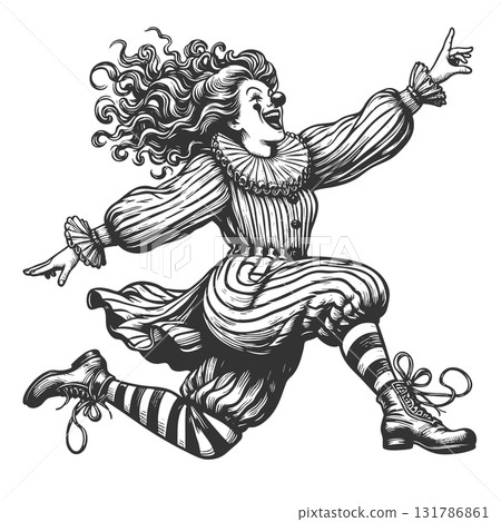Energetic Jumping Clown in Vintage Costume vector 131786861