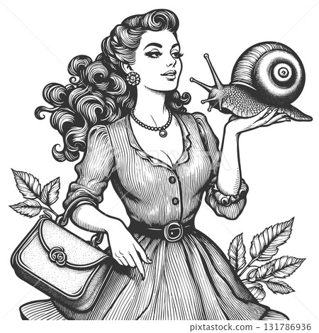 woman holding giant snail engraving vector 131786936