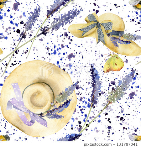 Seamless pattern of straw sunhats with lavender stalks, ribbon bows. Butterflies bumblebees flying, paint splatter. Isolated illustration hand drawn in watercolor. Fabric print, gift wrap, DIY crafts Seamless pattern of straw sunhats with lavender stalks, ribbon bows. Butterflies bumblebees flying, paint splatter. Isolated illustration hand drawn in watercolor. Fabric print, gift wrap, DIY crafts 131787041