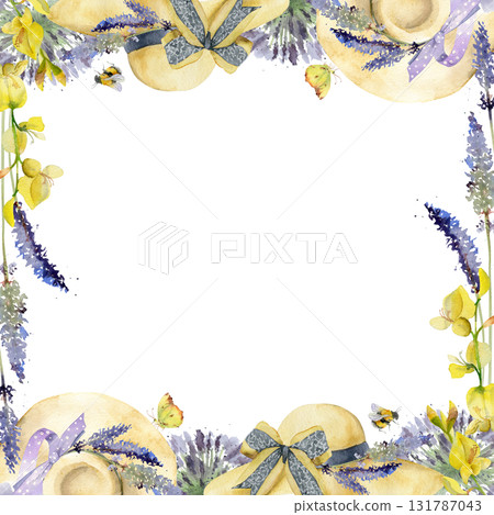 Vintage-style straw hat with lavender bouquet and lilac bow trim. Isolated square frame, border illustration hand drawn in watercolor. Floral wedding prop, sunny day print, outdoor market branding. 131787043