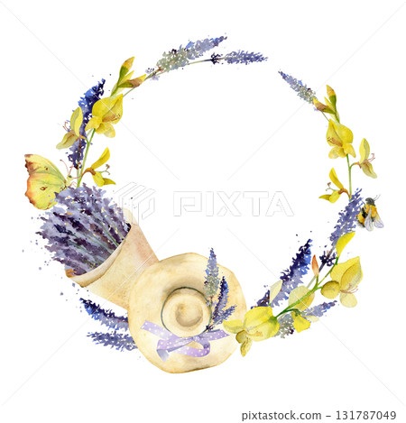 Cone-wrapped lavender lavandula bouquet, straw sunhat with ribbon bow, flying butterfly bumblebee. Isolated wreath frame illustration hand drawn in watercolor. Herb garden fair branding, eco packaging 131787049