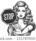 Woman Holding Stop Sign engraving vector 131787050
