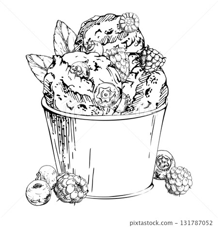 Raspberry blueberry gelato scoops in recyclable plastic dessert cup topped with fresh berries, mint leaves. graphic illustration hand drawn in vector ink. Dessert branding, snack art, artisan cafe Raspberry blueberry gelato scoops in recyclable plastic dessert cup topped with fresh berries, mint leaves. graphic illustration hand drawn in vector ink. Dessert branding, snack art, artisan cafe 131787052