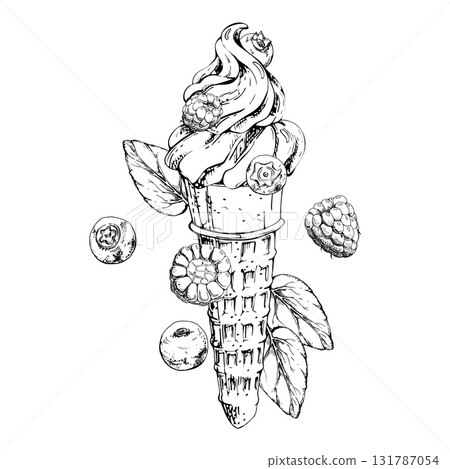 Wafer cone with soft swirled ice cream topped with raspberries and blueberries, mint leaves. graphic illustration hand drawn in vector ink. Gourmet branding, cafe menu card, street food vendor stall 131787054