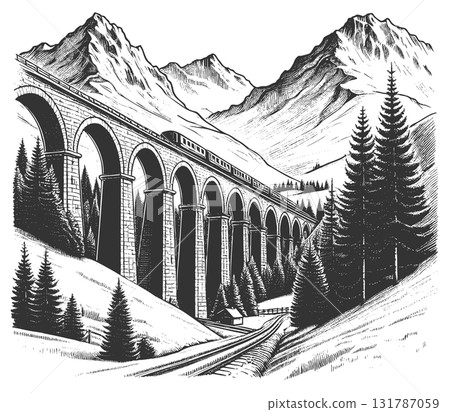 Mountain Railway Viaduct engraving vector 131787059