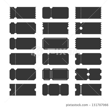 set of empty geometric ticket mock up vintage labels, black vector coupon sticker shapes element for sale, movie concert event template icons 131787066