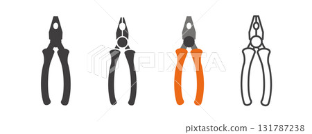 set of color tools and Instrument line icon, service sign icon Construction tool like screwdriver, saw, hammer, axe, ruler, wrench, vector abstract silhouette geometric engineering and Manufacturing 131787238