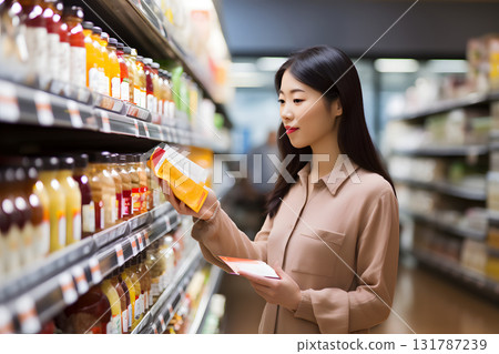 young adult Asian woman choosing a product in a grocery store. Neural network generated photorealistic image 131787239