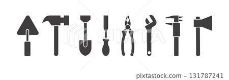 set of color tools and Instrument line icon, service sign icon Construction tool like screwdriver, saw, hammer, axe, ruler, wrench, vector abstract silhouette geometric engineering and Manufacturing 131787241