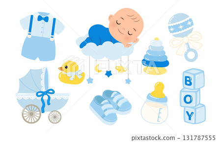 Cute baby boy gender reveal announcement element 131787555