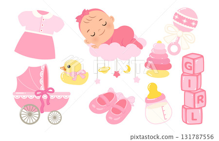 Cute baby girl gender reveal announcement element set 131787556