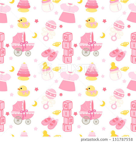 Cute pink baby girl items gender reveal seamless pattern Cute pink baby girl items gender reveal seamless pattern 131787558