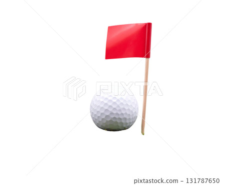 Illustration of a lush green golf course with flags and golf balls near holes on a white background. 131787650