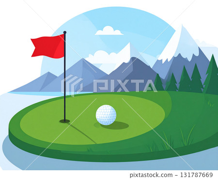 Illustration of a lush green golf course with flags and golf balls near holes on a white background. 131787669