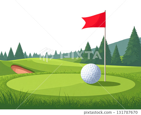 Illustration of a lush green golf course with flags and golf balls near holes on a white background. 131787670