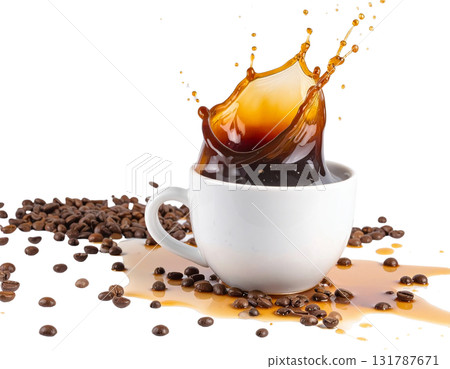 Black roasted coffee beans spilling out of a white ceramic mug on a white background. 131787671